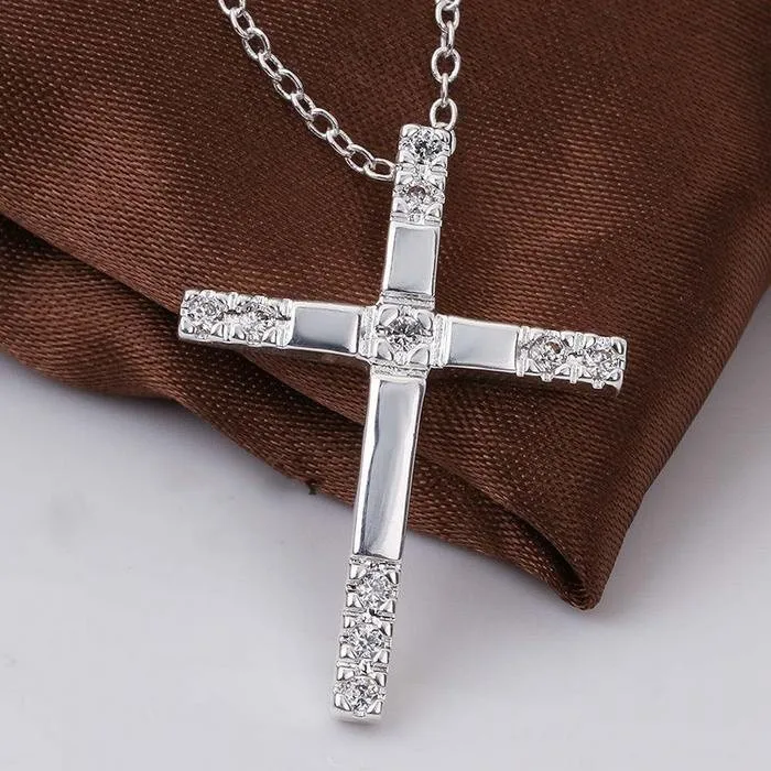 

Hot fashion 925 Sterling Silver Classic cross crystal Pendant Necklace For Women Wedding party noble Jewelry Holiday gift