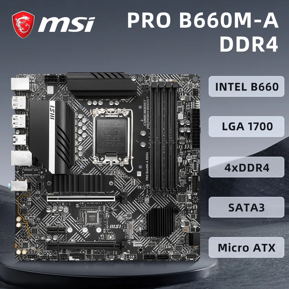 MSI PRO B660M-A DDR4 Motherboard Support LGA1700 i5 13490F 13400F 13700 12490F CPU,Intel B660 Chipset,4xDDR4, PCIe3.0,Micro-ATX.