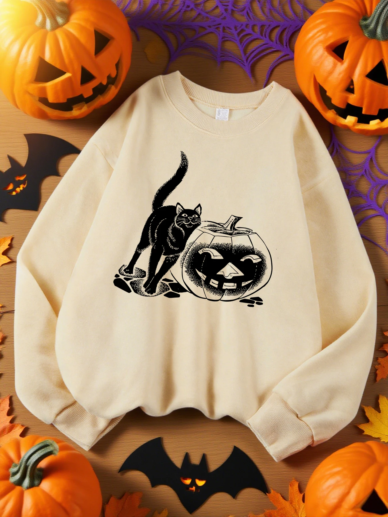 Sudadera con estampado de gato negro y calabaza para mujer, sudaderas informales de lana con cuello redondo, Top de otoño, ropa deportiva de gran tamaño de Hip Hop