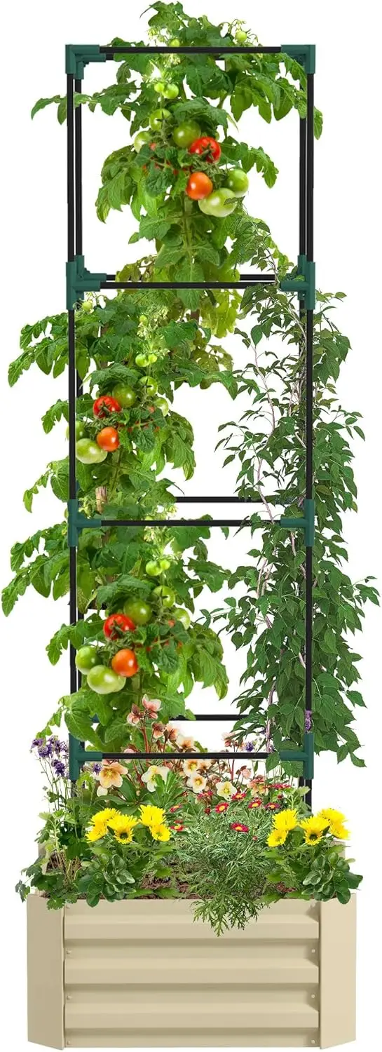 

Оцинкованная приподнятая садовая кровать, высота 73,5 дюйма, уличная кашпо с решетчатой клеткой для томатов и открытым дном для восхождения лоз, Vegeta