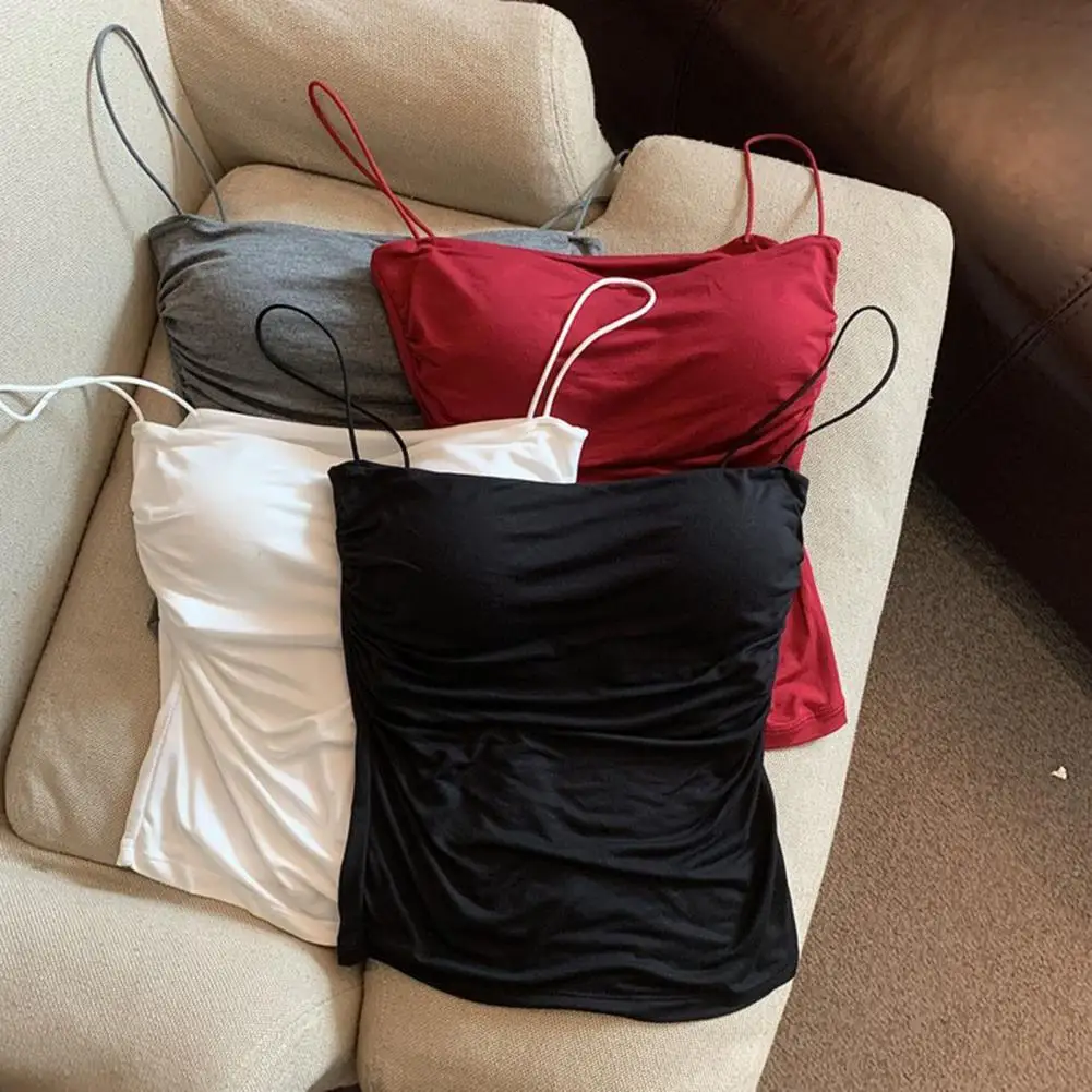 Suspender Tank Tops Sexy Sling Tops Pleated Bandeau Camisole Chest Support Solid Color Summer Wear Casual Daily Bottoms