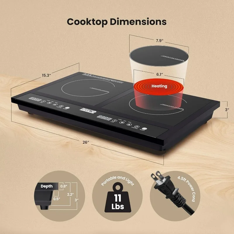Dual Induction Cooktop Countertop Burner, Portable Electric Cooktop with Two Heating Zones, Energy-Efficient Countertop Stove
