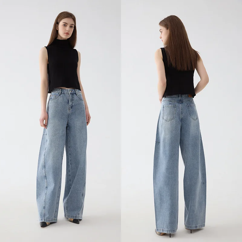 High waisted comfortable natural cotton washed blue wide leg full length A-version denim pants for women