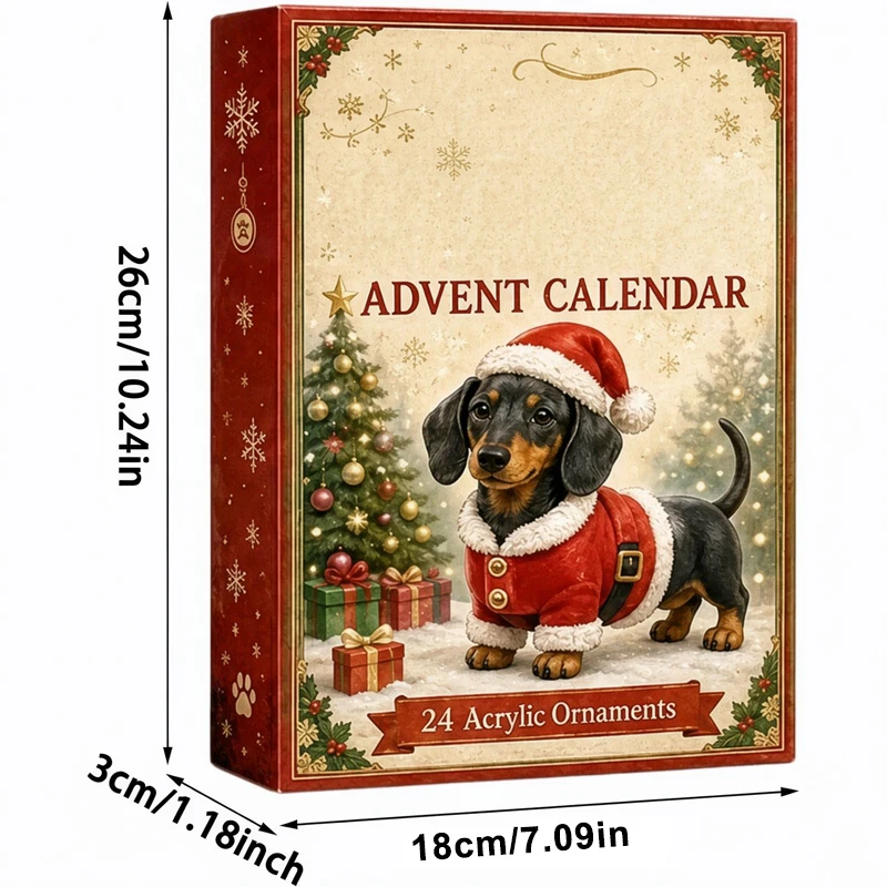 Hand holding a miniature dachshund figurine in a Santa suit next to a 24-day advent calendar box and assorted collectible dog figures.