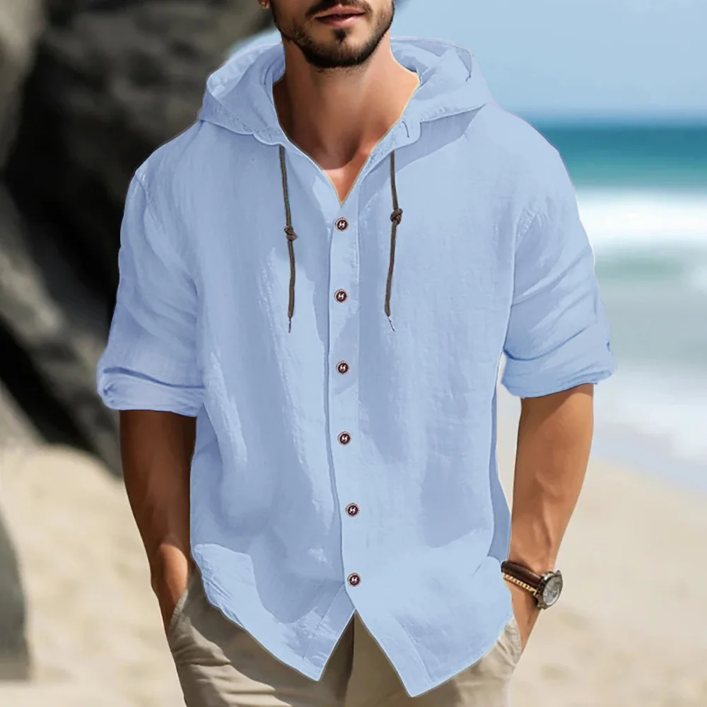 Baumwoll-Leinen-Kapuzenshirt für Herren, Frühling, Sommer, langärmelig, atmungsaktiv, leicht, Knopfleiste, Strandstil, lässig, gemütlich
