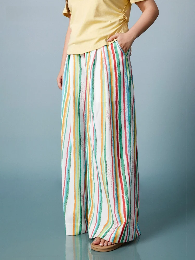 

Брюки Plusmall с радужными полосками, свободные, широкие, летние 2025, из имитации льна, повседневные, для женщин