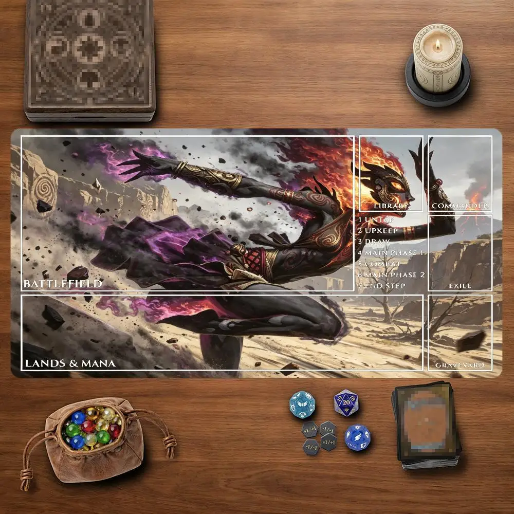 Flame Head Sorceress TCG Playmat 35X60CM Volcano Desert Purple Witch Magic Card Mat Non-Slip Durable Stitched Edge Playmat