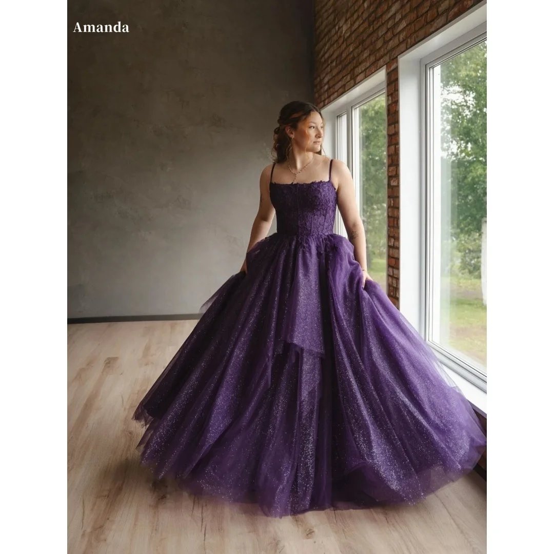 

Amanda индивидуальное фиолетовое платье для выпускного вечера с блестками и цветами, без бретелек на тонких бретельках, платья de noche, трапециевидное вечернее платье