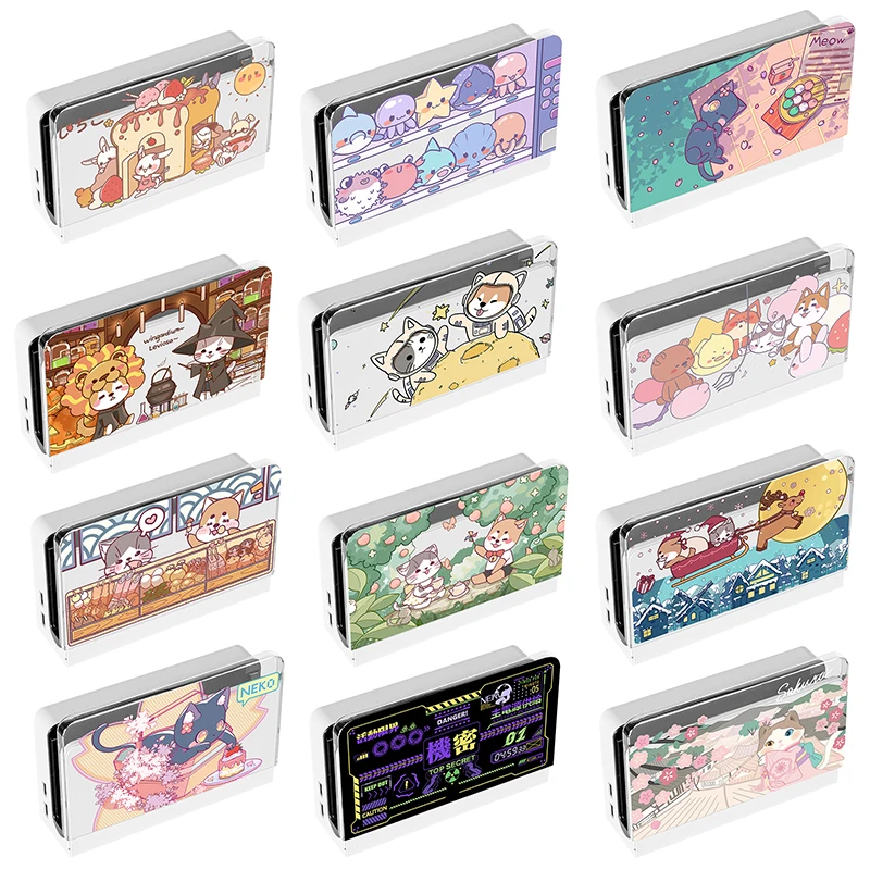 Cubierta de base de carga Switch Oled, funda de base dura de cristal de dibujos animados bonitos para Nintendo Switch OLED, funda protectora antiarañazos