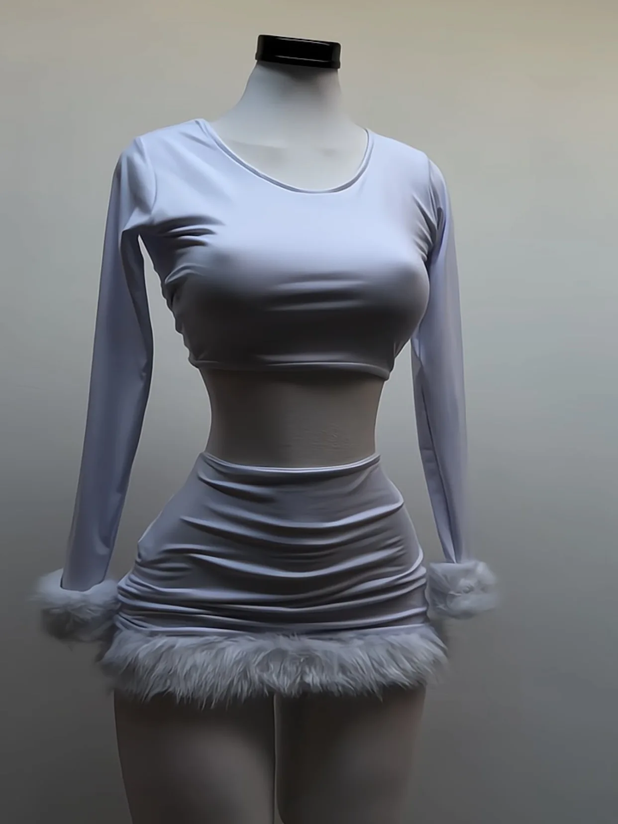 

Fluffy Long Sleeve Two Piece Set Women 2026 Spring O Neck Crop T Shirt Mini Skirt Suits Sexy White Chic Slim Fit Tracksuits