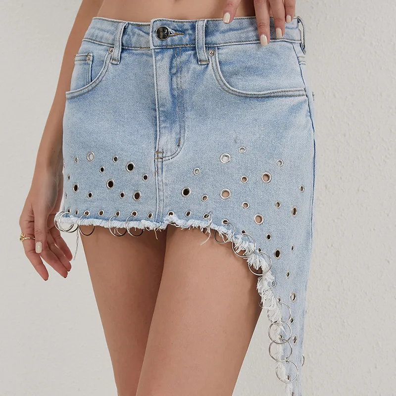 

2025 New Summer Sexy Denim Perforated Irregular Short Skirt for Women