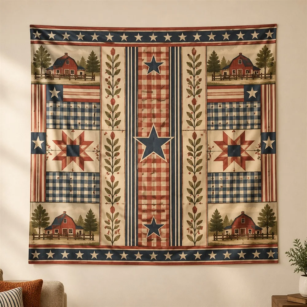 VIKAMA Plaid Check Pattern Mirror Symmetric Tapestry Wall Hanging, American Wall Art Tapestries for Living Room Bedroom Entryway