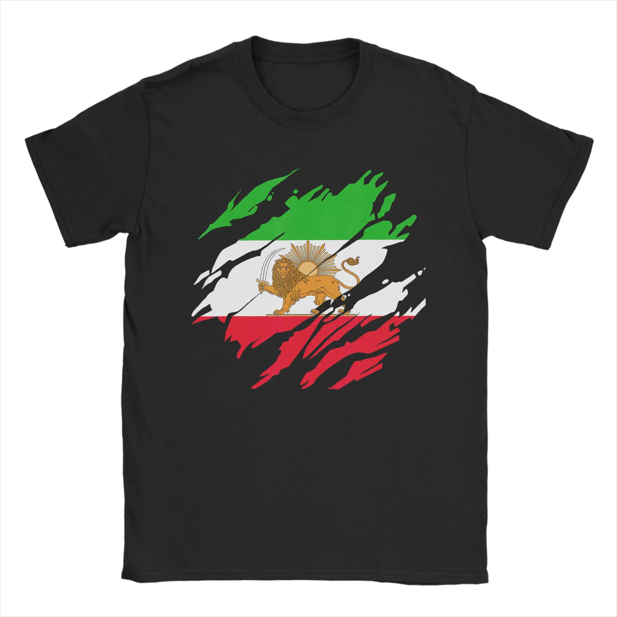 Iran Persian Flag with Lion Sun and Crown T-Shirt for Men Crew Neck Pure Cotton T Shirt  Short Sleeve Tees Party Clothing
