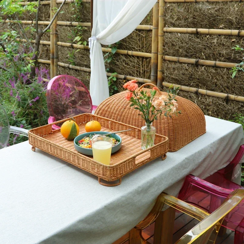 Retro Imitation Rattan Meal Cover Square Dining Table Cover Food Fly-Proof Covers Hotel Snack Plate with Lid Breakfast Freshness