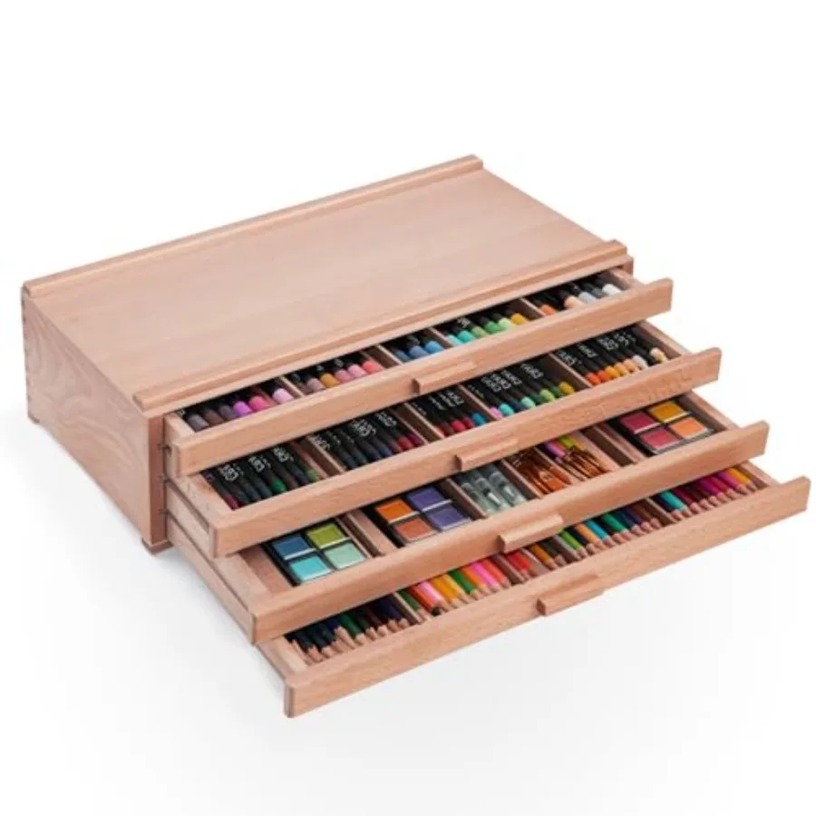 

4 Drawer Artist Supply Storage Box Wooden Pastel Storage Box Portable Organizer Box for Pastels Pencils Markers Brushes and Art