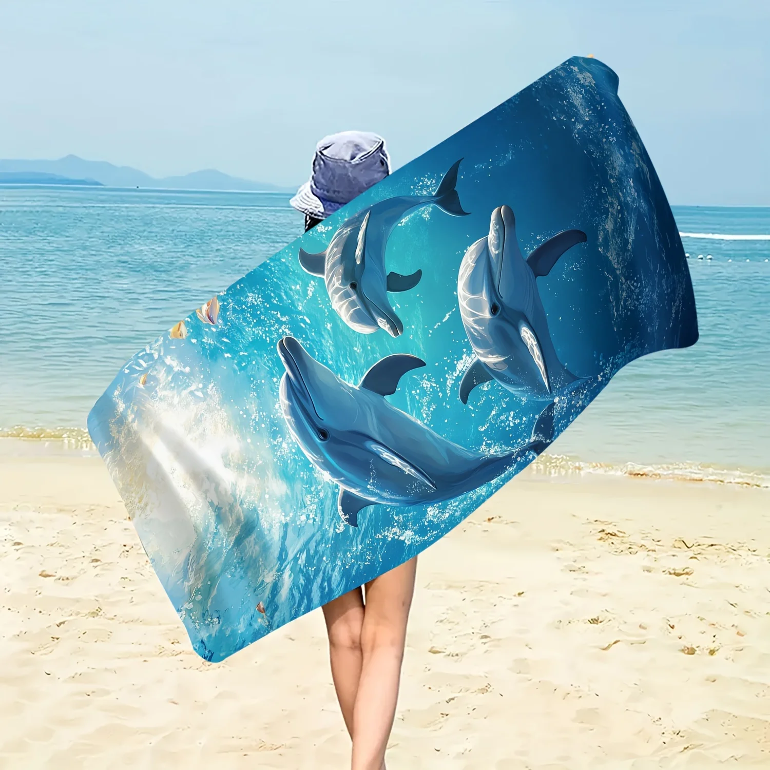Underwater dolphin theme beach towel, sun protection and windproof, suitable for pool camping travel blanket