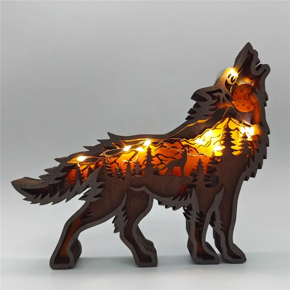 Home Decoration Ornaments Wooden Animal Small Wolf Elk and Brown Bear Statue Figurines LED Light Desktop Ornaments Crafts Gifts