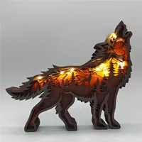 Home Decoration Ornaments Wooden Animal Small Wolf Elk and Brown Bear Statue Figurines LED Light Desktop Ornaments Crafts Gifts