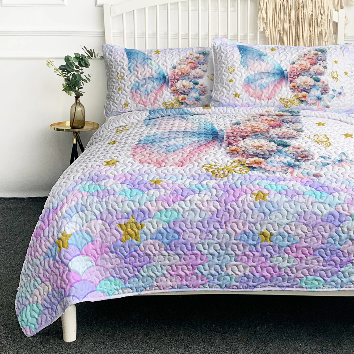

Romantic Butterfly with Colourful Flowers Printed Quilt Set Soft Comforter With 2 Pilowcases Nice Gift for Birthday Christmas