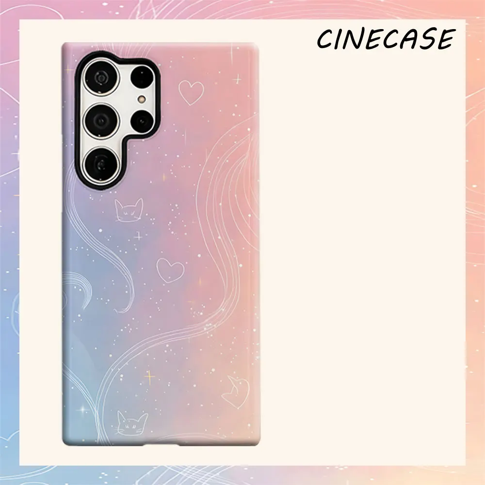 Pastel Cat Sky For Samsung Galaxy S26 S25 S24 A56 A36 Dual Layer Luxury Fashion Full Lens Protective Case