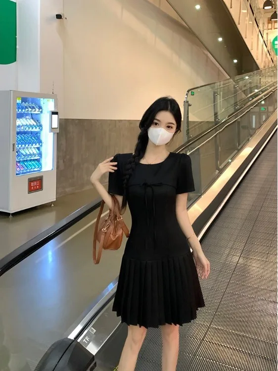 

plus Size A-Line Dress with Bowknot Pleated Slimming Design Korean Style Commute Fashion Polyester Fiber Long Sleeve