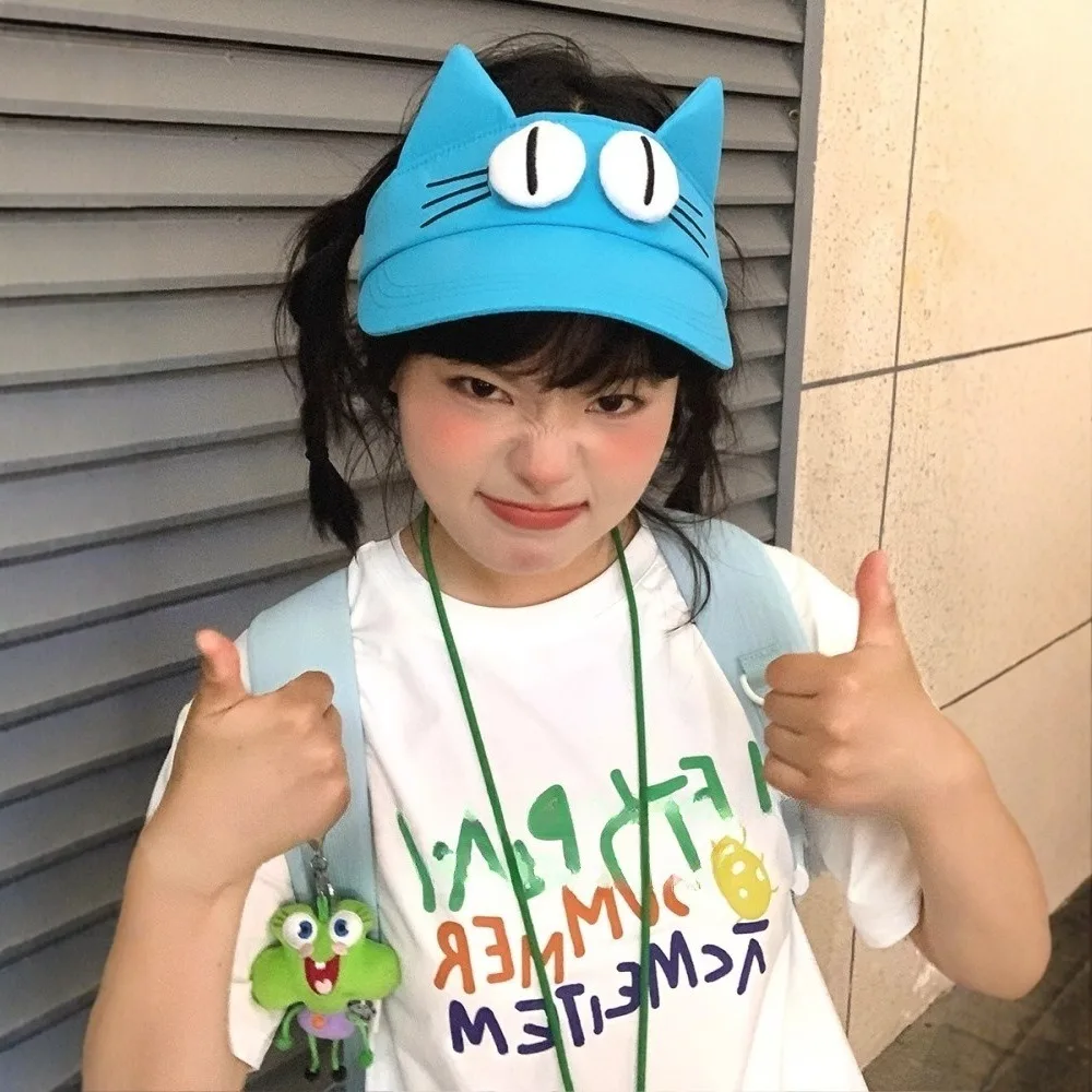 

Sun Protection Big Eyes Cat Visor Cap Adorable Creative Kitty Hollow Hat Funny Quick-drying Fabric Cat Ears Sun Hat Summer