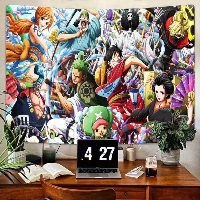 

1 шт. цельный гобелен настенное искусство Нами Зоро Луффи Санджи Чоппер Брук персонажи аниме динамическая поза красочный фон полиэстер