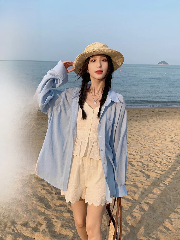 

Синяя женская рубашка с защитой от солнца, с воротником, приталенная, из тонкого полиэстера, с длинным рукавом, в корейском стиле, для повседневной носки