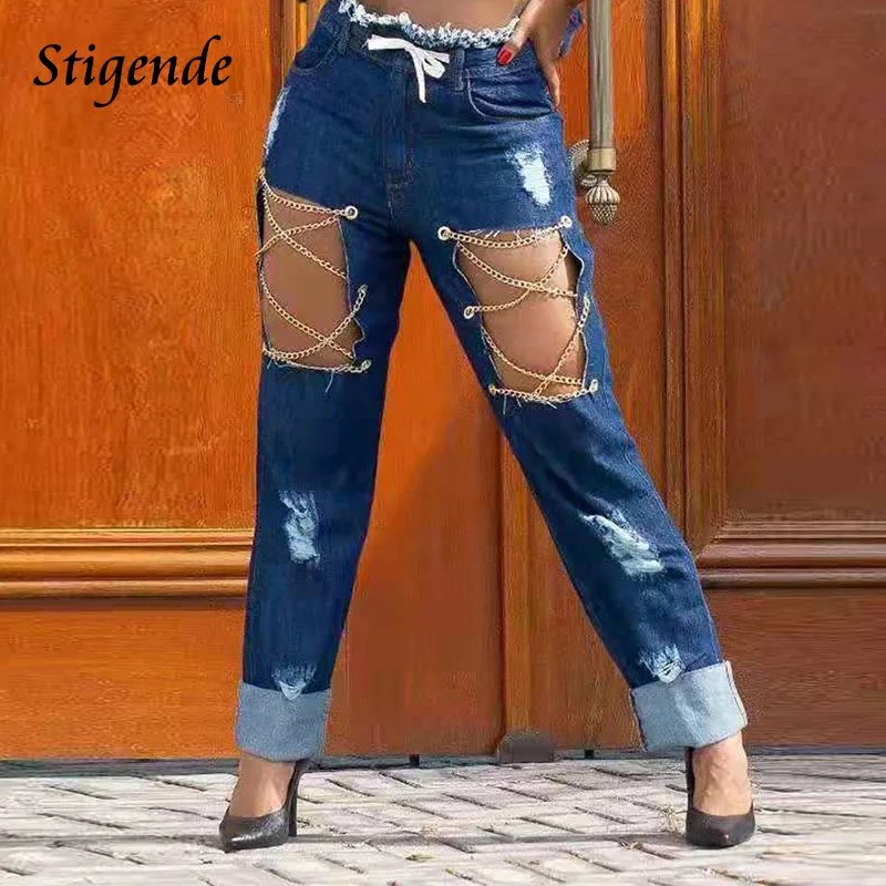 Stigende Women Sexy Hollow Out Ripped Jeans Drawstring Denim Pants Chain