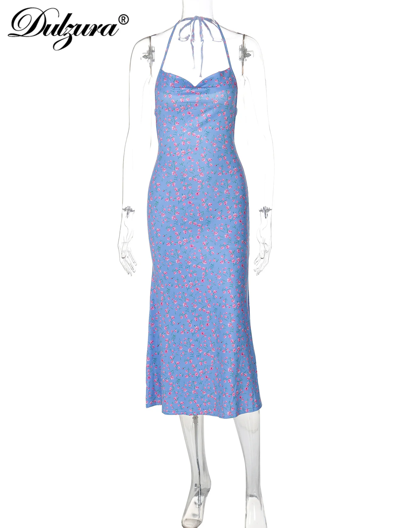 Dulzura-vestido Midi sin mangas con cuello Halter y espalda descubierta con cordones y estampado Floral para mujer, traje Sexy elegante para fiesta, Club, vacaciones, primavera y verano