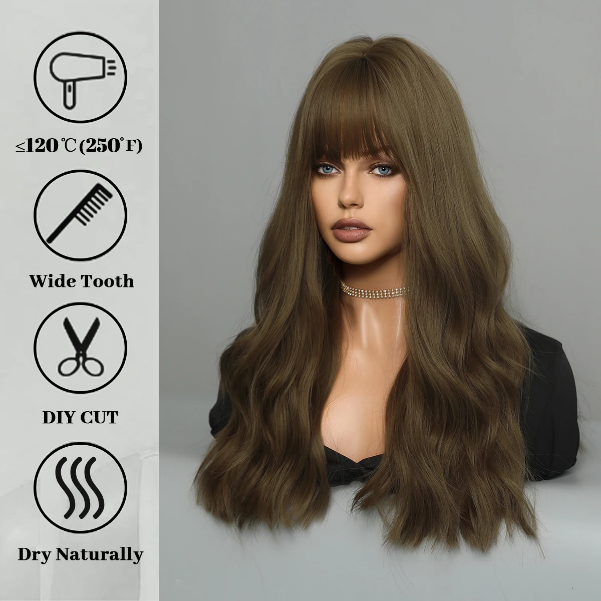 Long Wavy Synthetic Wig with Bangs for Women Body Dark Brown Wave  Wigs Cosplay Daily Lolita Medium Natural Hair Heat Resistant