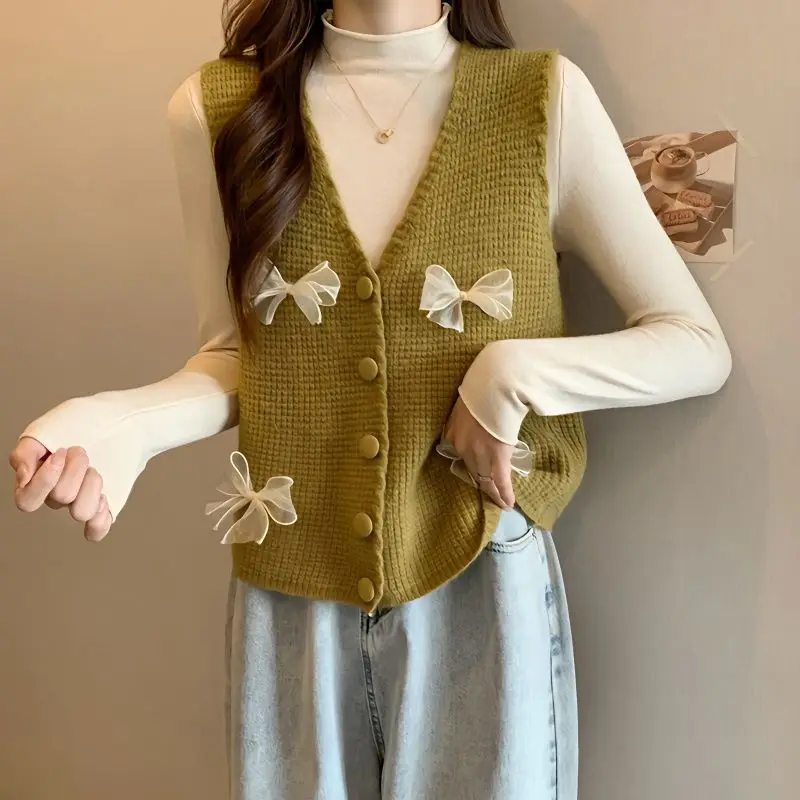 Autumn New Sweet Bow Solid Color V-neck Sleeveless Sweater Vest Female All-match Young Style Buttons Knitting Loose Cardigan