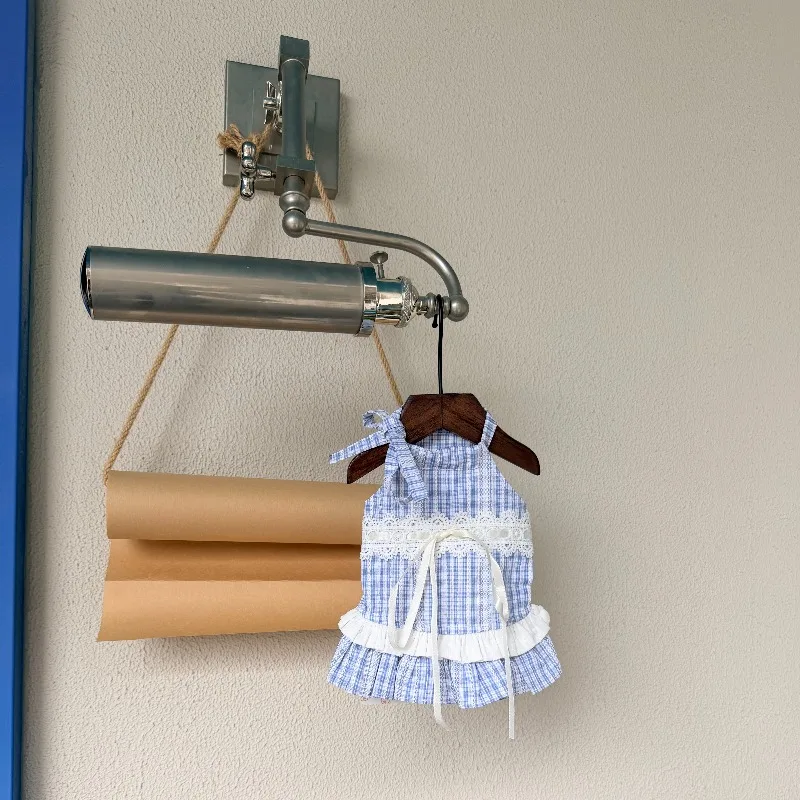 Blue Gingham Halter Pet Dress Lace Ribbon Bow Ruffle Hem Adjustable Tie Summer Outfit Single Two-Piece Option for Small Pets
