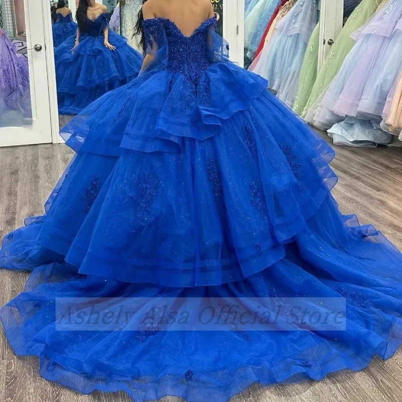 Vestidos De quinceañera azul Real, Vestido De fiesta De cumpleaños De graduación, manga casquillo, Apliques De encaje, dulce 16, vx 15 años