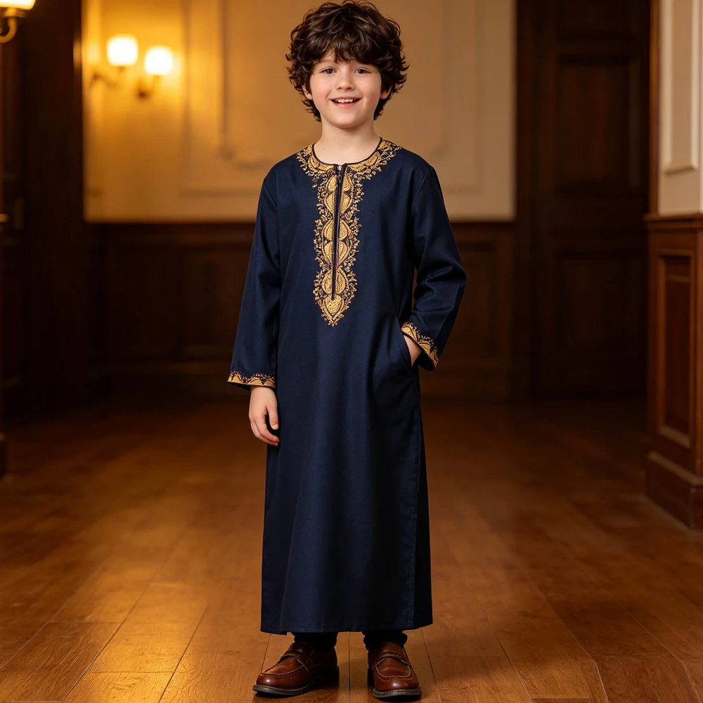 

Boys Long Thobe Pockets Jubba Embroidered Abaya Kaftan Muslim Big Kids Arabic Islam Robe Middle Eastern Children Prayer Clothing