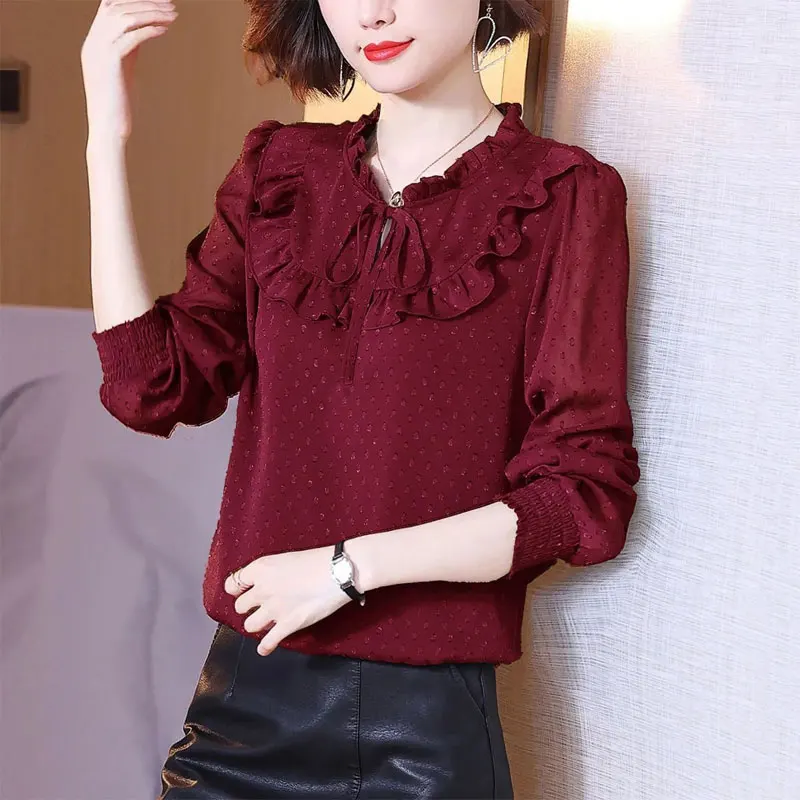 Women\'s Clothing Casual Polka Dot Round Neck Shirt Stylish Ruffles Drawstring Spring Autumn Spliced Shirring Long Sleeve Blouse