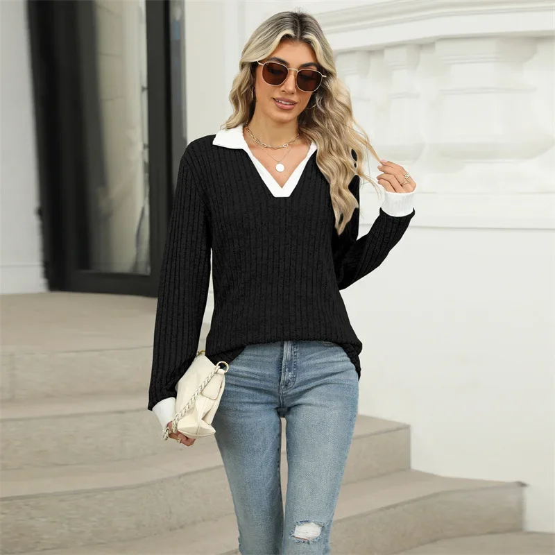 Women Lapel Pullover Sweatshirt Pit-stripe Fabric Loose Hoodie Autumn Winter Daily Commuter Casual Long Sleeve Female Tops 2024