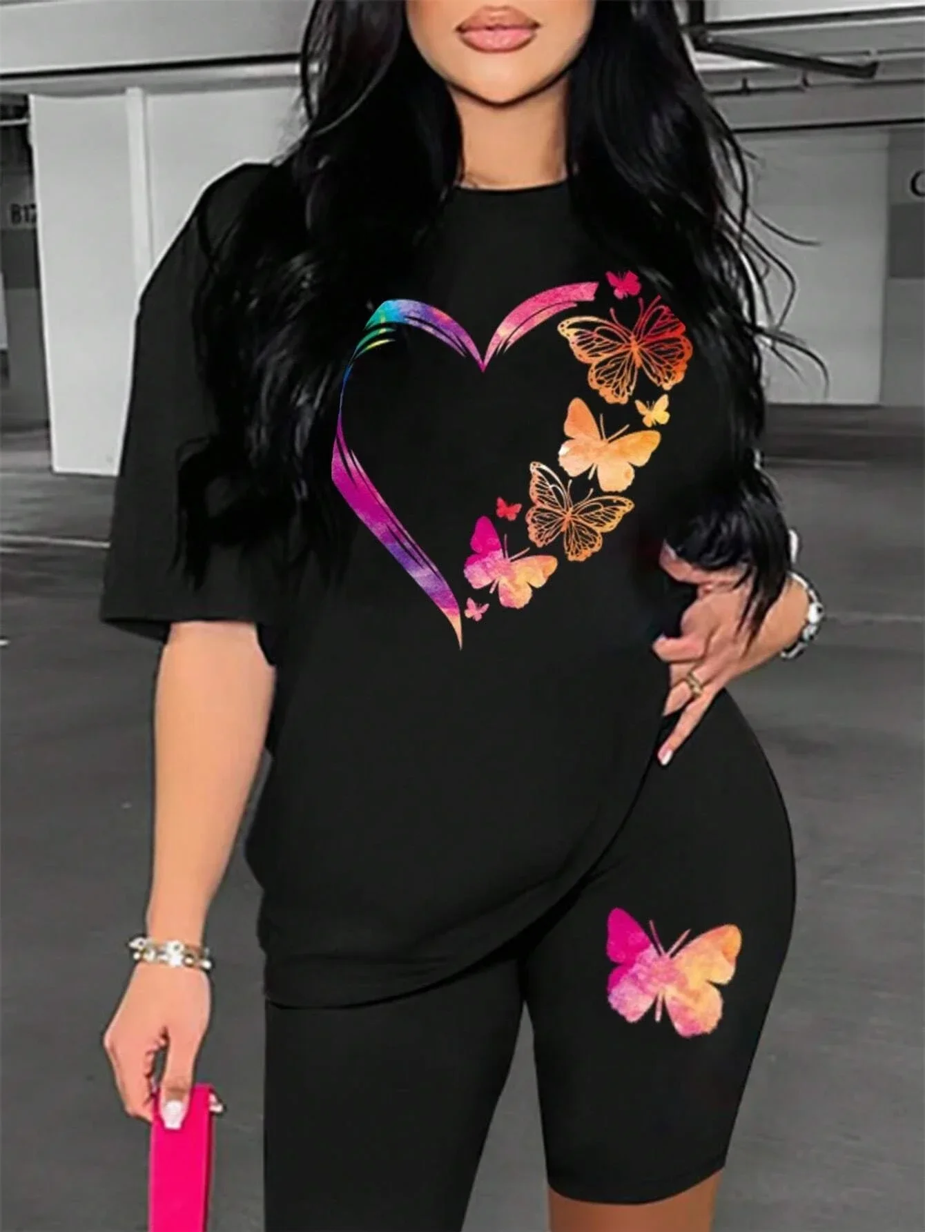 

The Love Strung Together By Butterflies Printing Women T Shirts Two Piece Set Fashion Short Sets Comfortable Basic Shirt Shorts