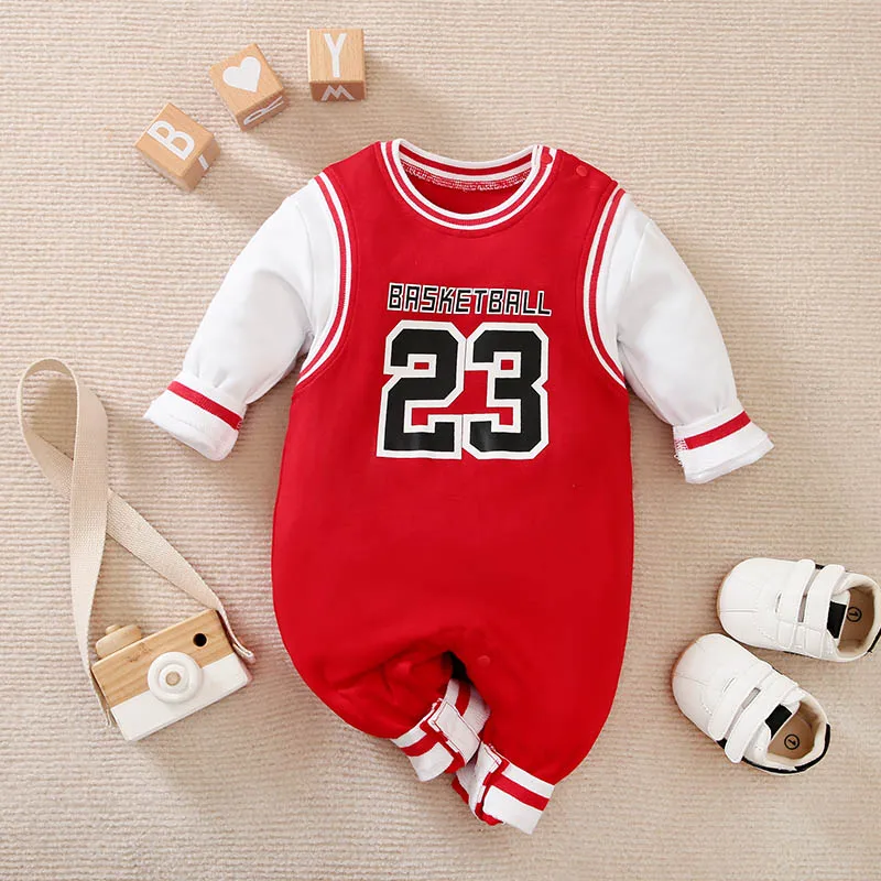 New Designer  Clothing   Red No. 23 basketball white sleeves persevering    100 cotton spring and fall long-sleeved baby onesies