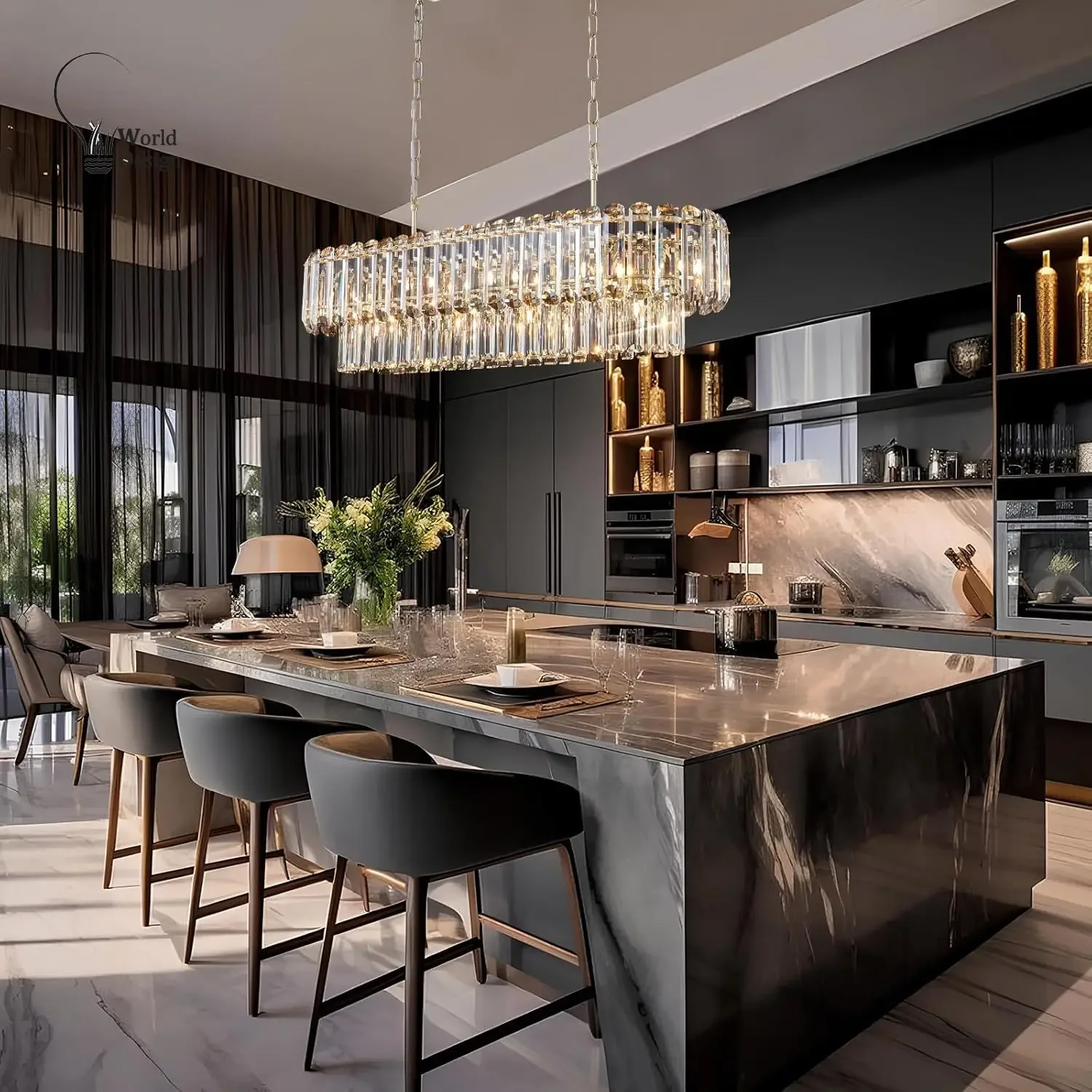 الذهب الثريات البلورية/ النجف الكريستالي طاولة الطعام ضوء كبير مستطيل فاخر قلادة تركيب المصابيح لغرفة المعيشة مدخل جزيرة المطبخ