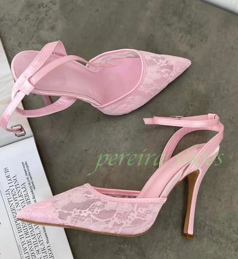 Lady Pink Sexy Lace Mesh Black High Heels Buckle Strap Sexy Slingback Pink Lace Stiletto Heel Runway Banquet Dress Pumps Size 46