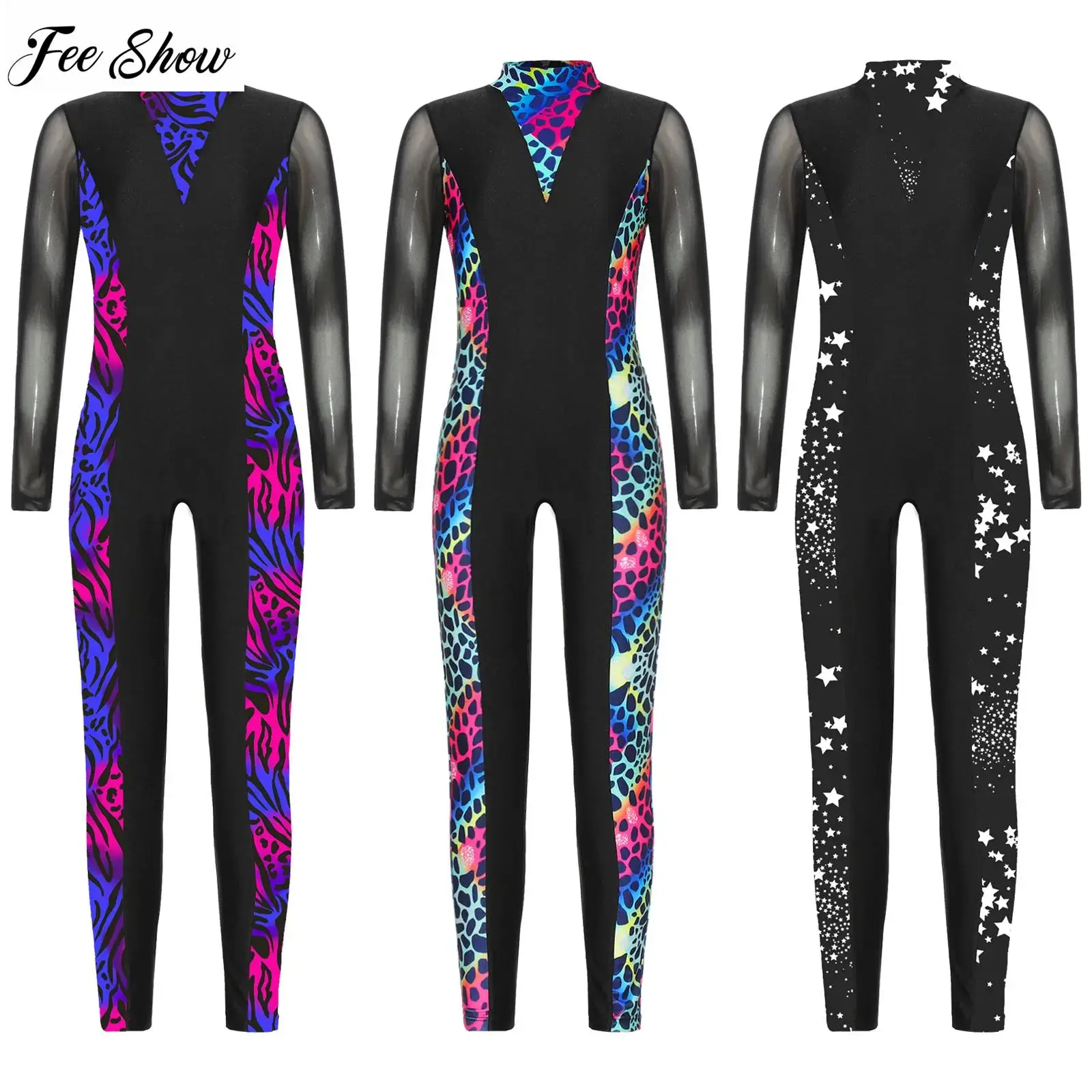 Kids Girls One-piece Full Body Sports Jumpsuit Mock Neck Long Sleeve Bodysuit Dance Yoga Gymnastic Athletic Unitards