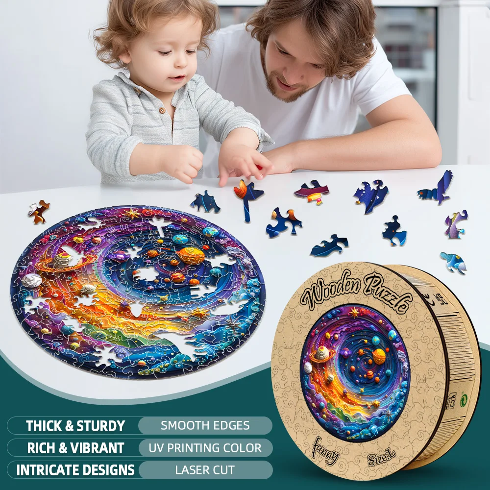 Puzzle en bois du système solaire pour adultes : art mural de la galaxie unique et cadeau de jeu de cerveau familial