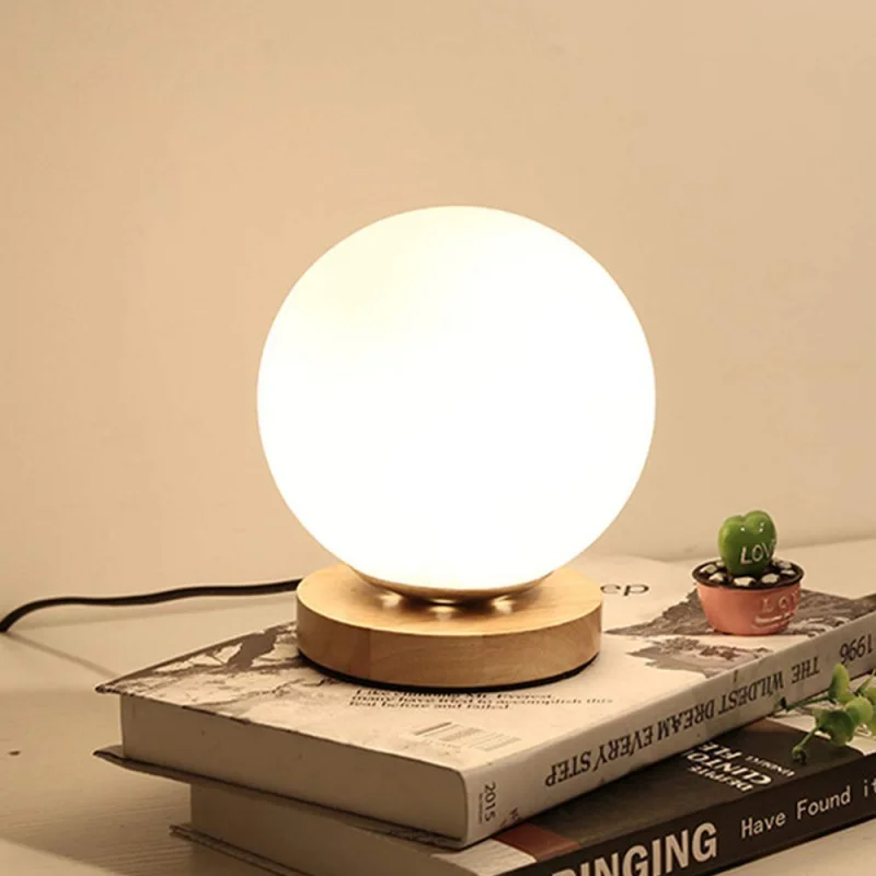 Petite lampe de table en verre ronde en bois, éclairage de nuit créatif chaud, décoration de chambre à coucher, boule de lit, décoration de la maison