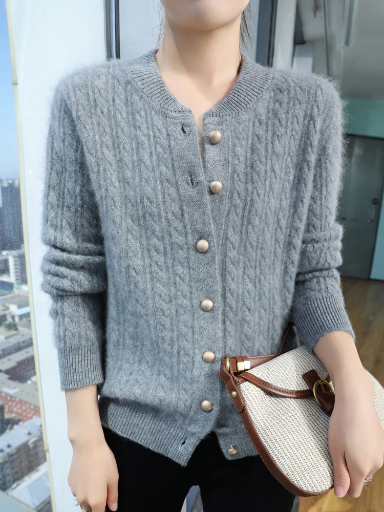 Women\'s 100% Merino Wool Cardigan Stand Collar Sweaters Long Sleeve Knitted Tops Thick Warm Outerwear Casual Fashion Fall Winter