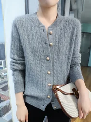 Women's 100% Merino Wool Cardigan Stand Collar Sweaters Long Sleeve Knitted Tops Thick Warm Outerwear Casual Fashion Fall Winter