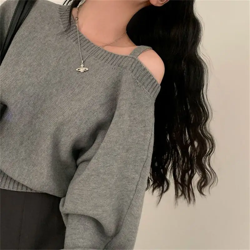 Women's 2026 Autumn Korean Asymmetric Puff Sleeve Off Shoulder Solid Knit Top Loose Long Sleeve Thick Warm Chic Coquette