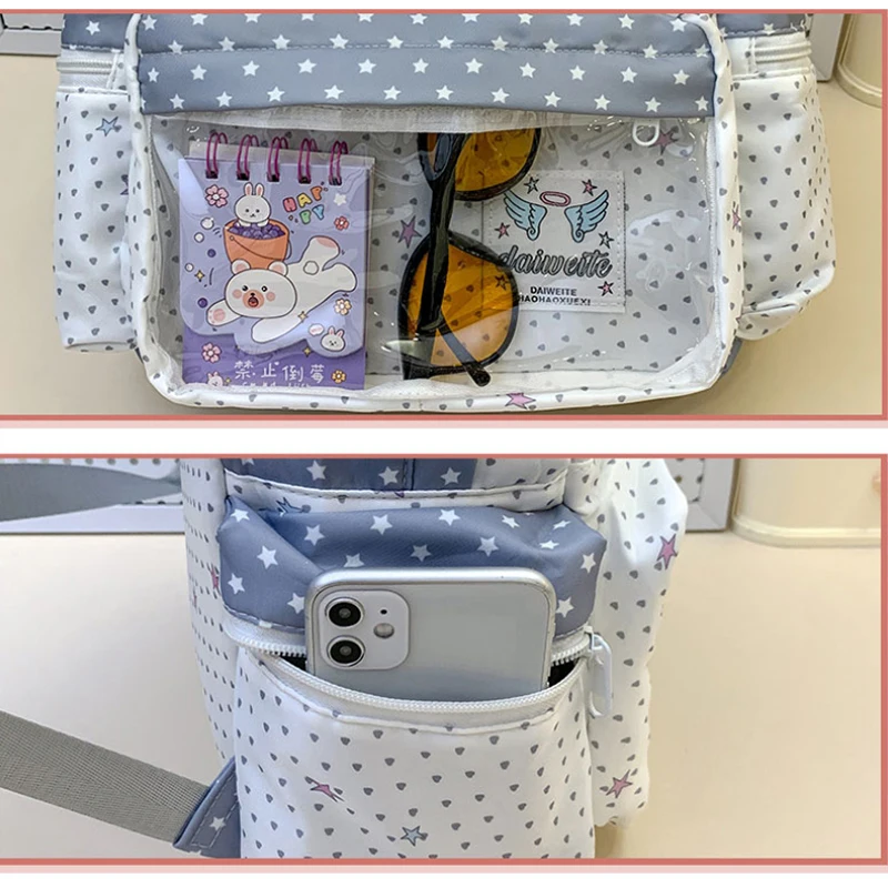 Modischer Rucksack mit transparentem Sichtfenster, großes Fassungsvermögen, gepunktete Schultasche für Teenager-Mädchen, leichte Büchertasche – Detail 4