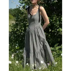 Combhasaki Women's Summer Y2K Sleeveless Deep Square Neck Aesthetic Solid/Floral/Plaid Ruffled Hem A-line Tank Corset Long Dress