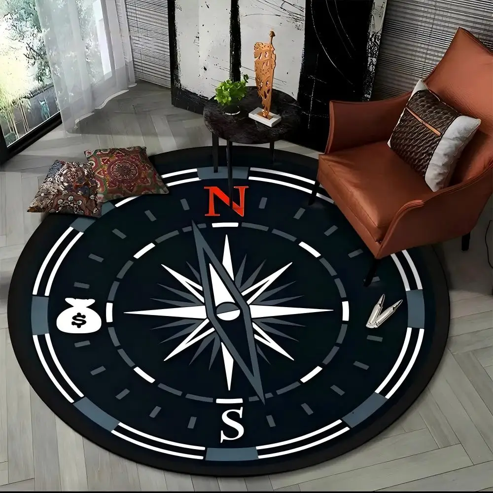 Round Living Room Carpet Vintage Nautical Compass Patterned Rug Sofa Lounge Floor Mat Non Slip Study Room Decor
